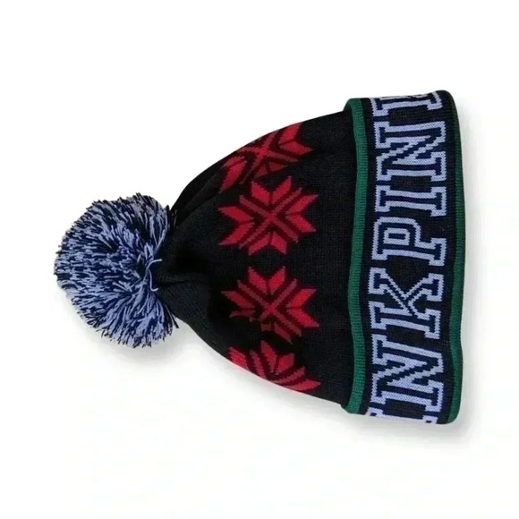 VICTORIA'S Secret PINK Beanie Snowflake Winter Snow Hat Black/Red w/ Pom Pom - Picture 2 of 4